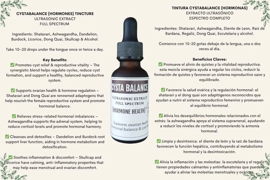 Bottle of ultrasonic extract labeled Cysta Balance with dosage instructions and benefits listed in Spanish and English, surrounded by green decorative border.