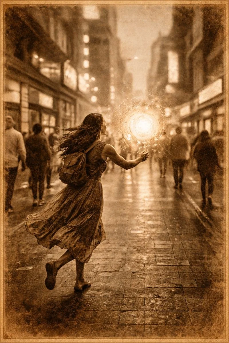 a girl chasing a ball of healing in a busy city, looking to find clarity and peace in her life.