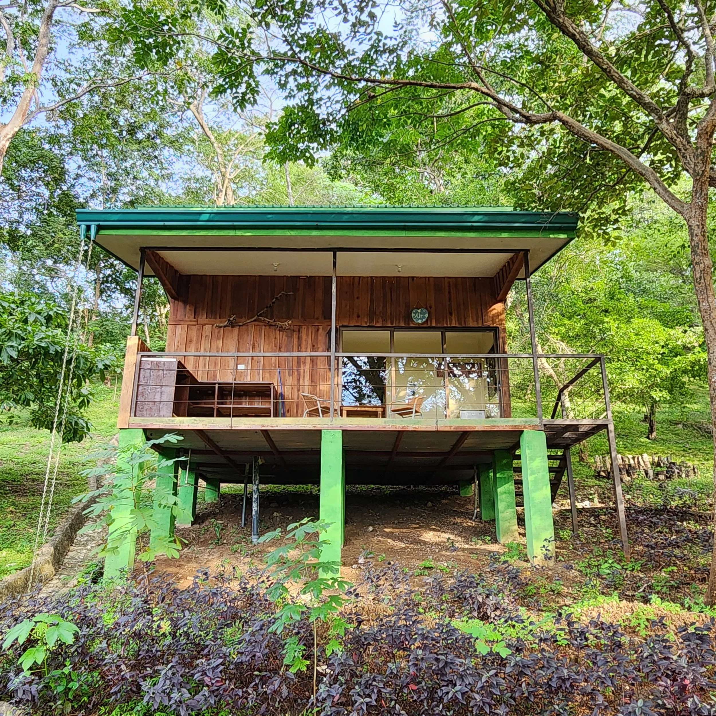 Elevated wooden cabin with green supports surrounded by lush trees and plants