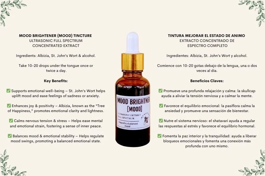 A brown dropper bottle labeled 'Mood Brightener' with a white dropper cap, surrounded by informational text about the product's ingredients and benefits in English and Spanish, on a cream background with decorative green leaves in the corners.