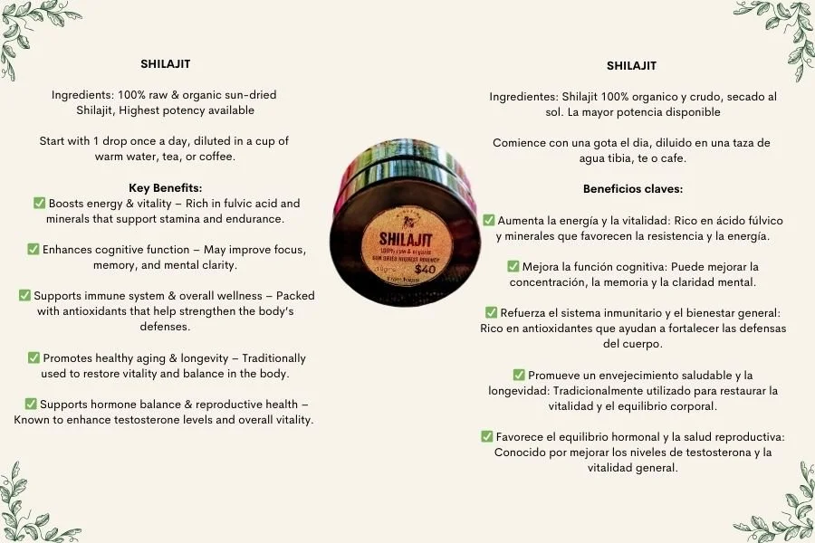 Labels with product information for Shilajit, including ingredients, usage instructions, and benefits, displayed in English and Spanish, with a central image of a Shilajit container.