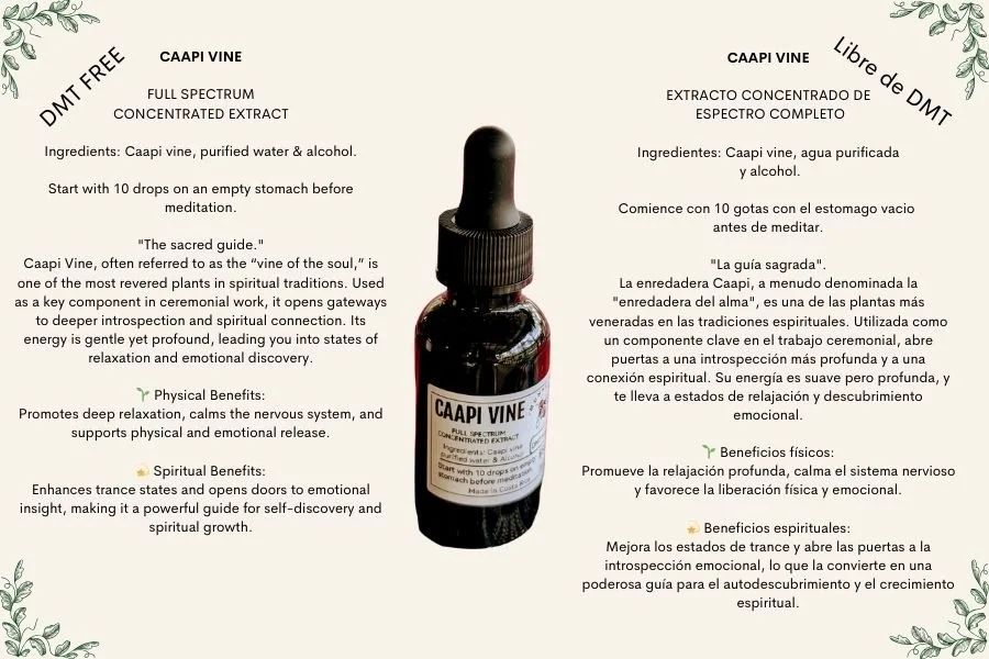 A bottle of Caapi Vine extract with labels in English and Spanish, surrounded by decorative green vine illustrations.