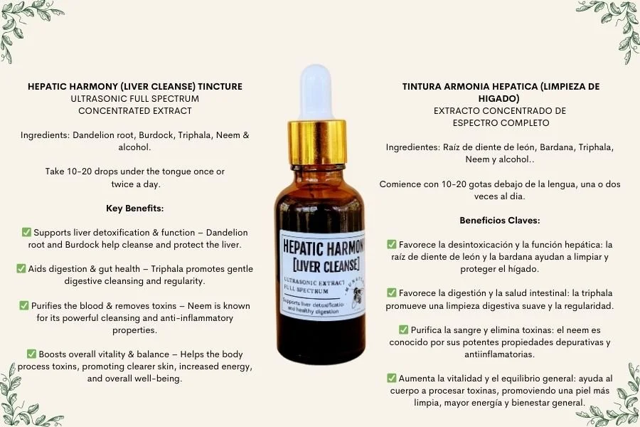 Image of Hepatic Harmony Liver Cleanse tincture with instructions and benefits listed in English and Spanish.