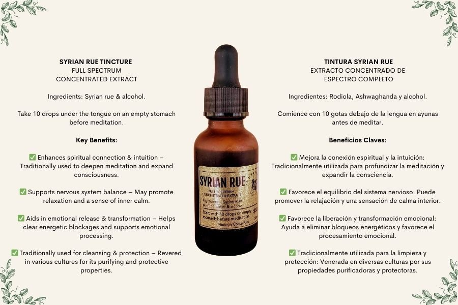 A herbal tincture bottle labeled 'Syrian Rue' surrounded by informational text in English and Spanish about its ingredients, usage, benefits, and traditional medicinal uses, with decorative green leaves in the corners.