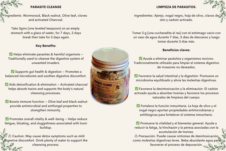 A jar of parasite cleanse supplement labeled 'Parasite Detox' surrounded by herbal decorative elements, with instructions and benefits listed in English and Spanish.