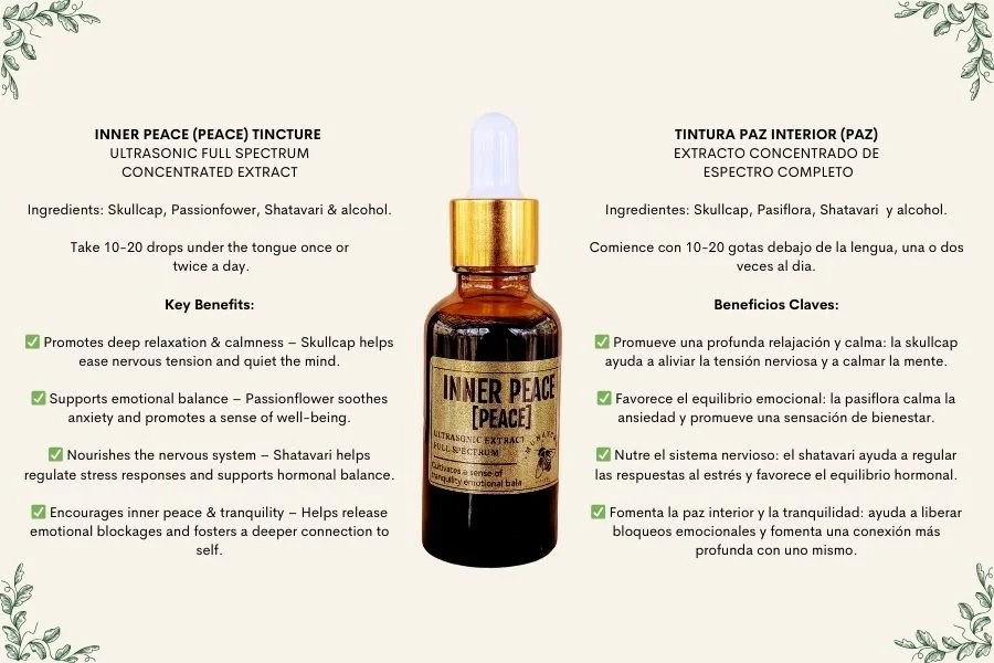 A dropper bottle labeled 'Inner Peace (Peace) Tincture' surrounded by text describing ingredients, usage instructions, and benefits in English and Spanish. The text includes ingredients like skullcap, passionflower, shatavari, and alcohol, and highli