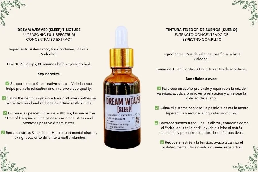 A small amber glass dropper bottle labeled 'Dream Weaver [Sleep]' surrounded by herbal ingredients, with detailed product description and benefits in English and Spanish on a light background with decorative green leaves.