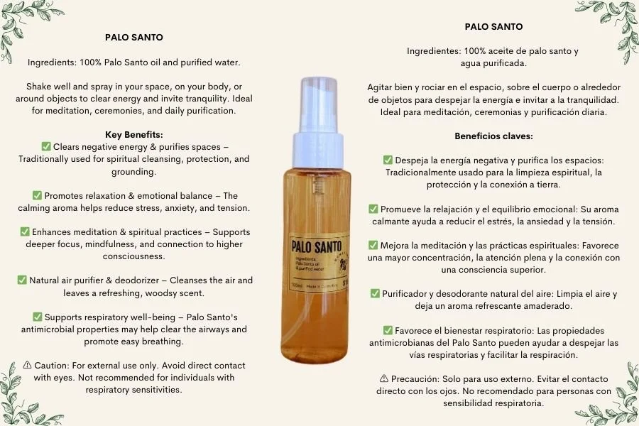 Label for Palo Santo spray, featuring a brown bottle with a spray nozzle, and text in English and Spanish describing ingredients, usage instructions, key benefits, and cautions.
