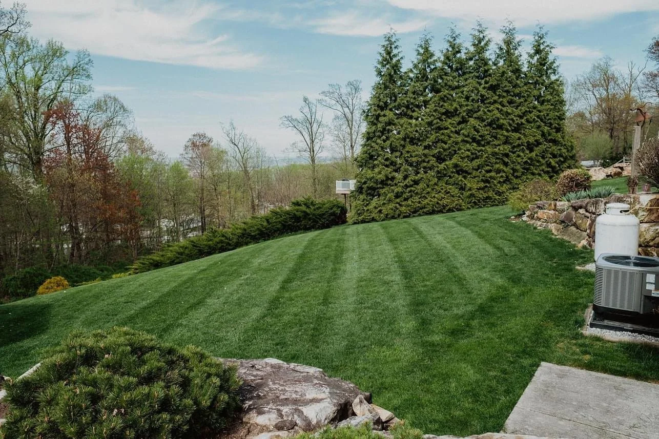 Manicured lawn with trees, stone edging, and an outdoor air conditioning unit.