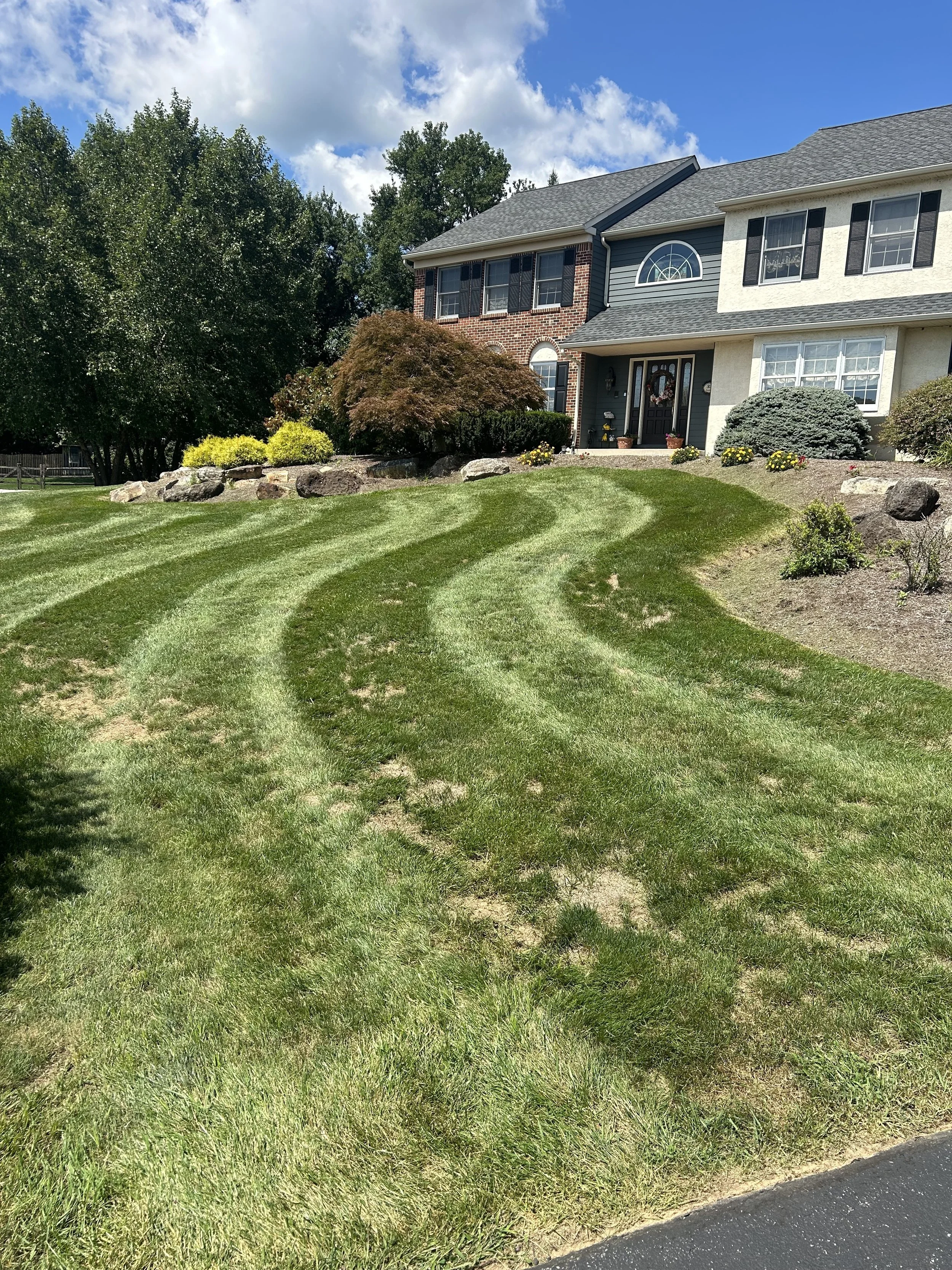 Residential home with striped lawn, trees, and landscaping