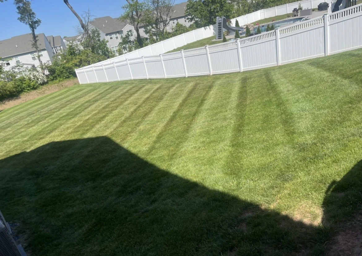 Freshly mowed lawn with white fence and trees in the background