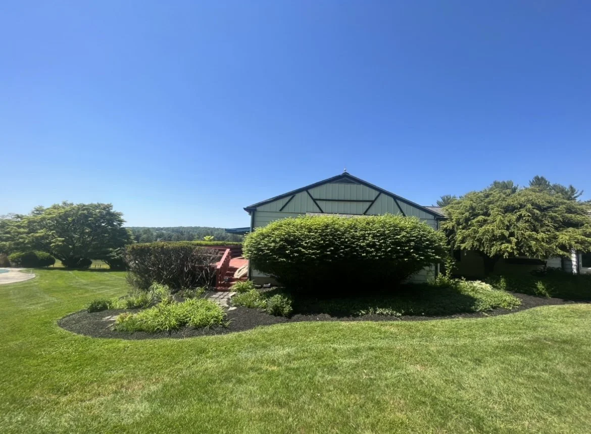 Green barn surrounded by trees and manicured lawn under clear blue sky.