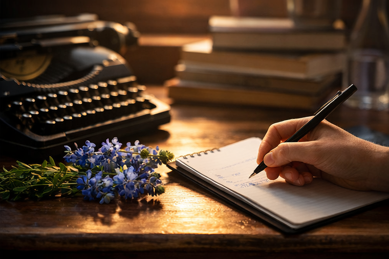 A close-up of a writer’s hand holding a pen over an open notebook, gently writing notes on a wooden desk, with a vintage typewriter, a small bouquet of blue flowers, and a stack of books softly lit in the background by warm, golden light.