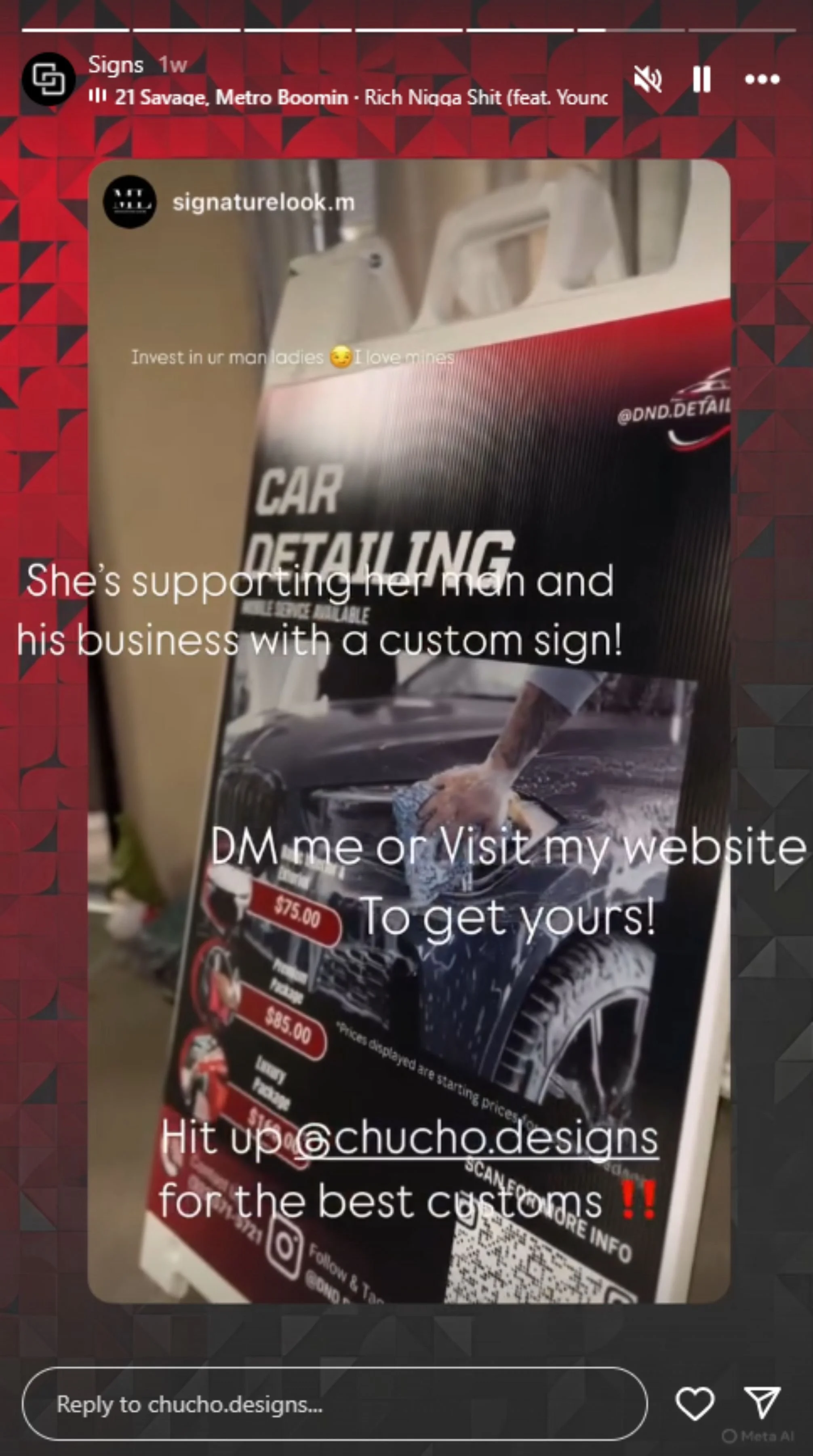 A social media post featuring a car detailing business advertisement with a custom sign showcasing a car being cleaned, with prices and a QR code, and text encouraging direct messaging or visiting the website for orders.