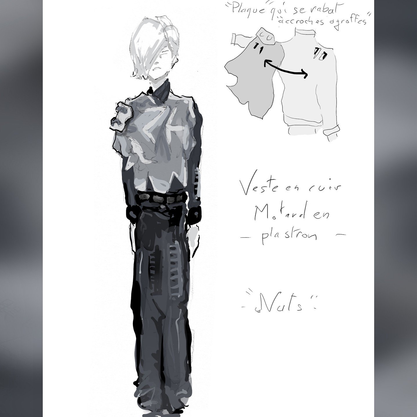 ☁️"z&eacute;ro" collection🧵📜🖋️N 12 "Plastron Motard -Nuts-"

#fashionillustration #motard #stylisme #illustrationmode #ファッションイラスト #ファッションデザイン #collectionzero #fashiondesign