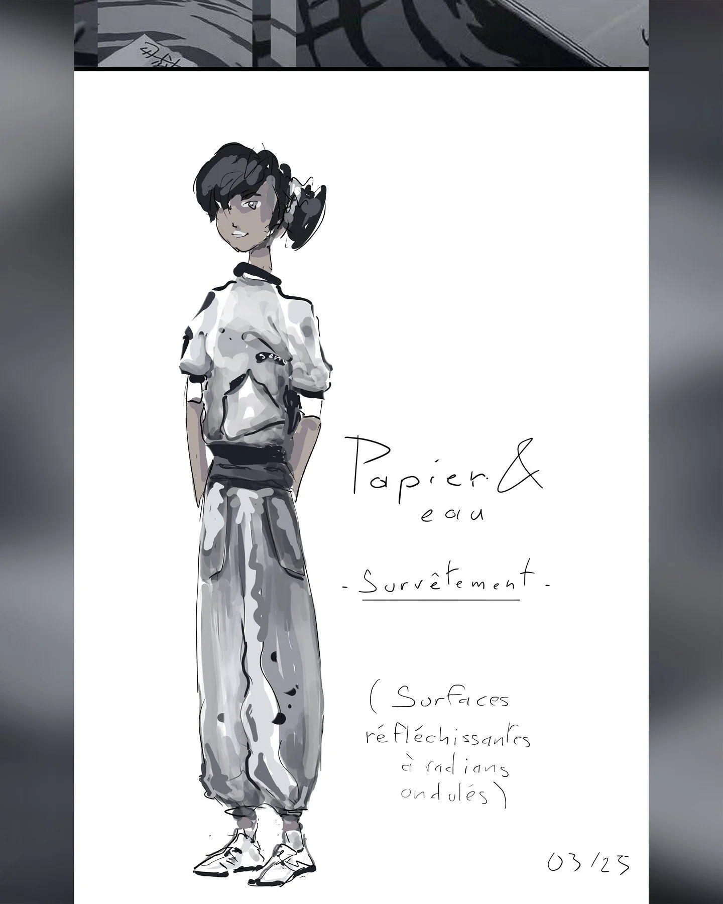 ☁️"z&eacute;ro" collection 🧵📜🖋️N 10 "Papier &amp; eau" -surv&ecirc;tement- Mati&egrave;res r&eacute;fl&eacute;chissantes

Dessin fait avec un esprit de peinture chinoise, des encres dont les nuances de gris sous-entendent des t