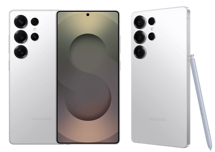 Side-by-side image presentation of the Samsung Galaxy S25 Ultra, displaying the phone's full Front (screen), its Back (rear camera array design), and its Side profile (metallic frame and S Pen slot).