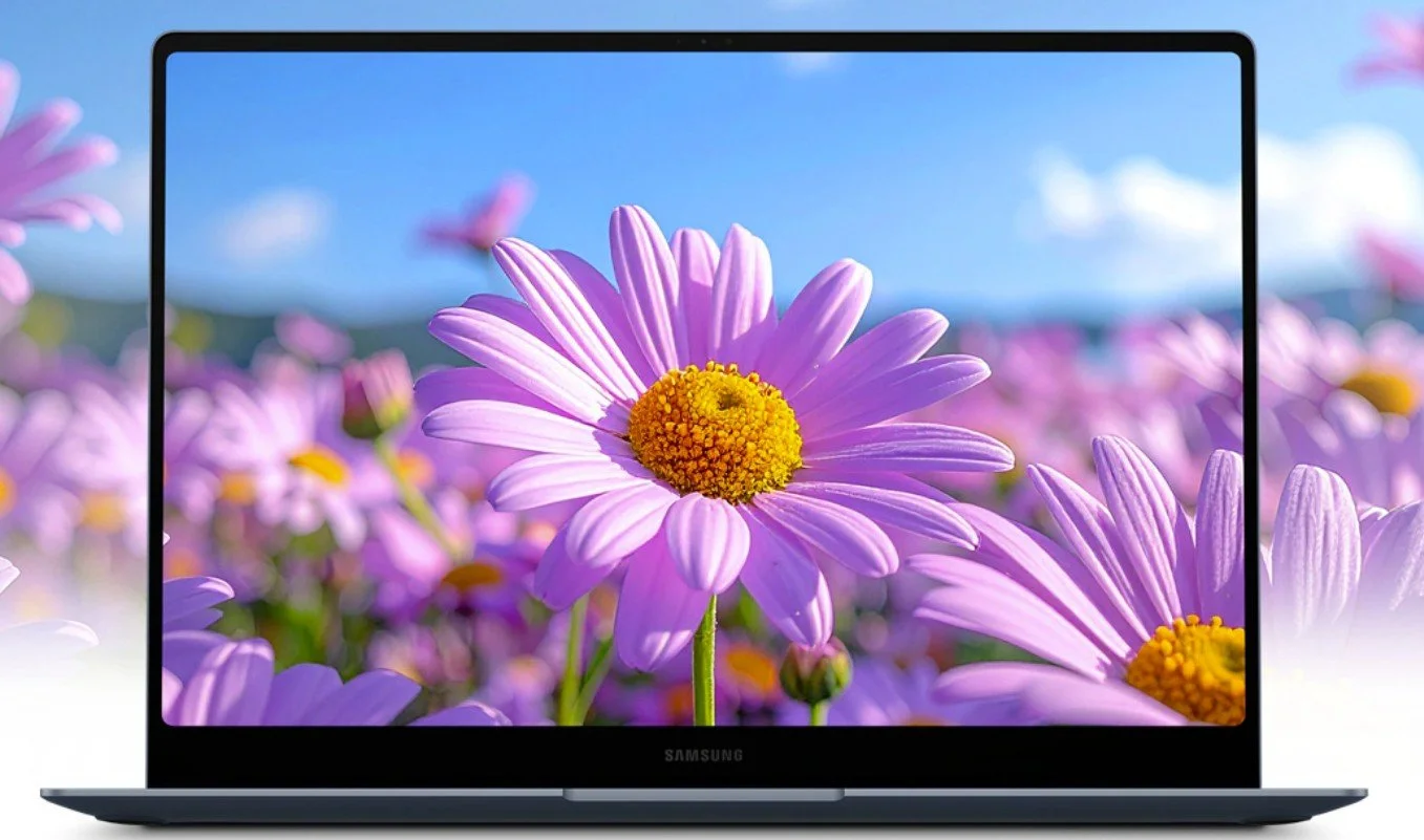 Samsung Galaxy Book6 Edge 16-inch 3K Dynamic AMOLED 2X display showing vivid, high-resolution colour and detail, highlighting the screen's brightness and clarity.