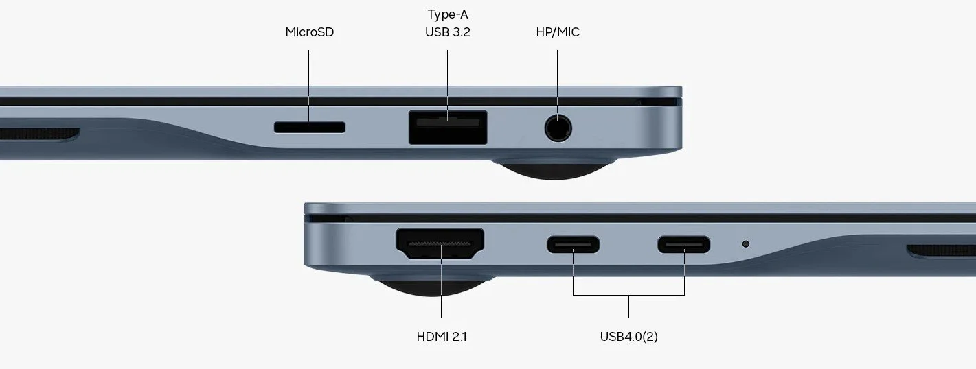 Samsung Galaxy Book6 Edge side view showing built-in ports, including USB-C, USB-A, HDMI and microSD card slot, ready to connect without extra adaptors.