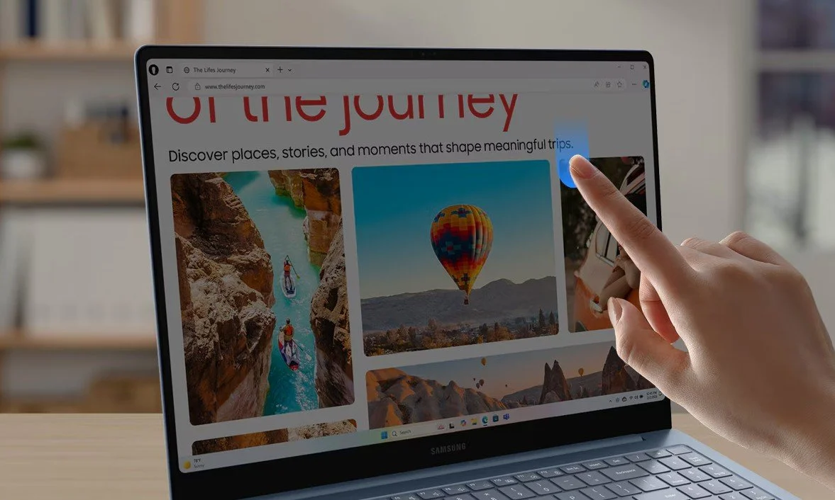 Galaxy Book6 Edge touchscreen display with hand tapping to navigate — Samsung laptop review