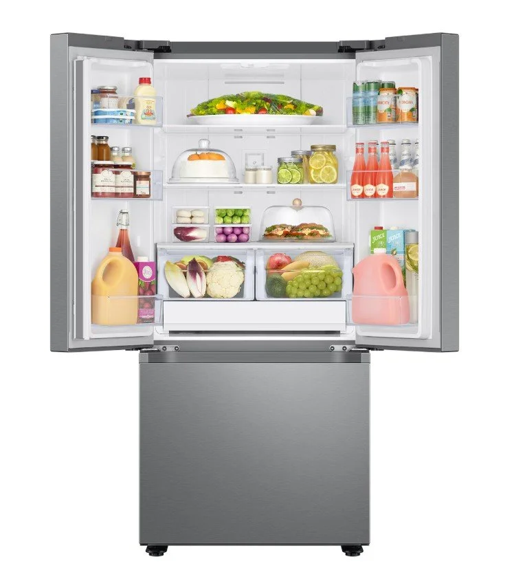 Open Samsung 30" fridge with food.