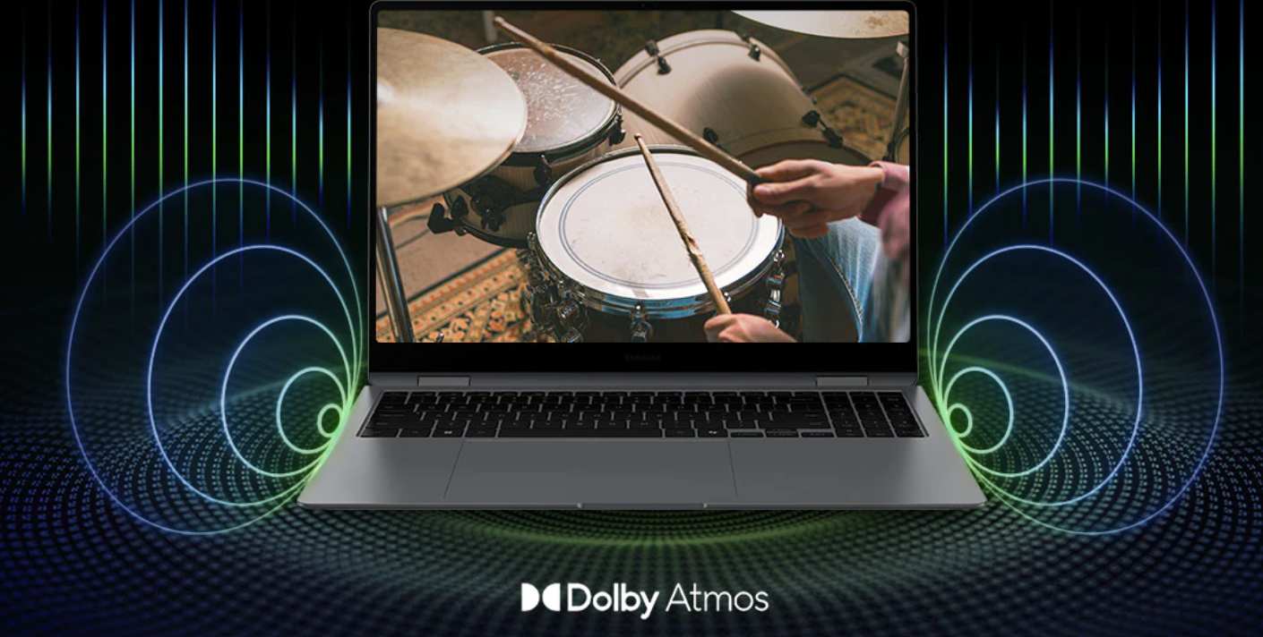 Front-facing view of the Samsung Galaxy Book5 Pro 360 convertible laptop, clearly showcasing its edge-to-edge display and sleek, minimal bezels.