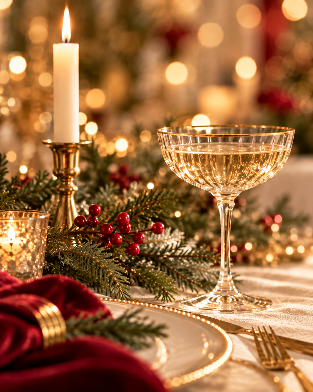 Candlelit gala table with a gold-rimmed champagne coupe