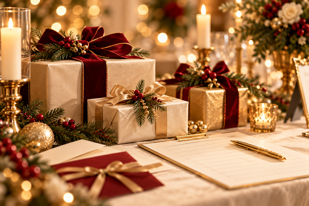 Wrapped gifts and a silent auction bid sheet on a candlelit table