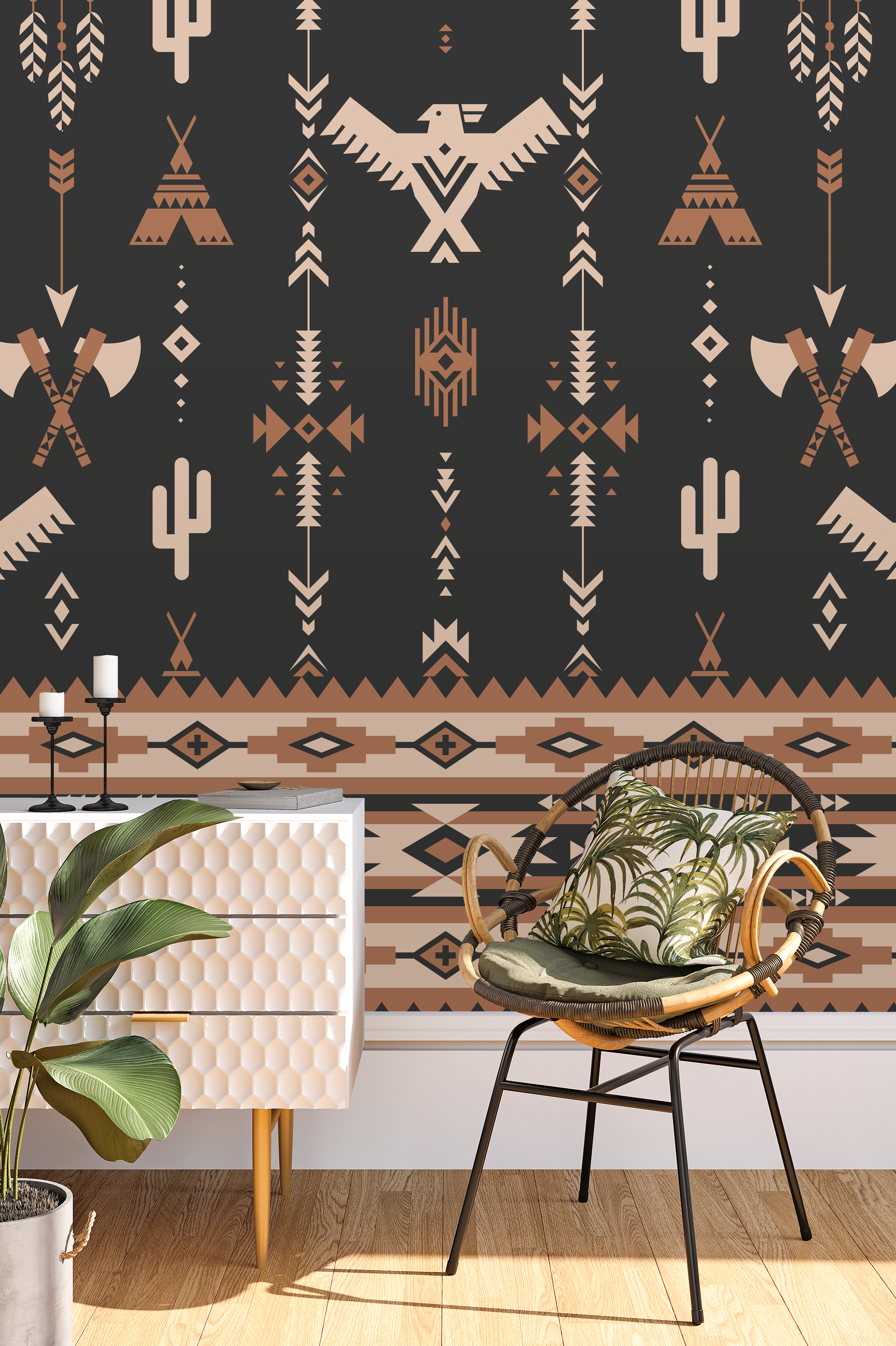 Comprar tapiz mural online diseño étnico con águila. Opciones en vinil adhesivo removible y papel tapiz preempastado duradero. Ideal para sala, dormitorio, espacios con espíritu libre.