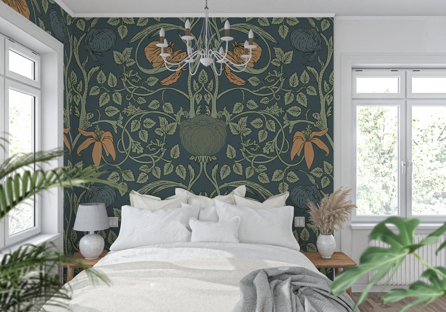 Mural pared estilo clásico con diseño de flores verdes. Elige entre vinil autoadhesivo fácil de colocar y papel pintado preencolado de alta calidad. Un toque romántico y elegante para tus paredes.