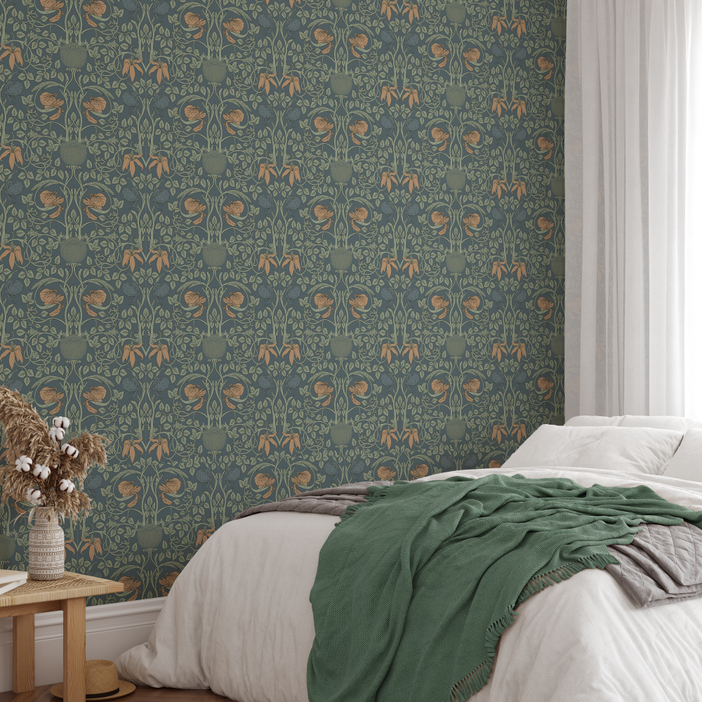 Mural pared estilo clásico con diseño de flores verdes. Elige entre vinil autoadhesivo fácil de colocar y papel pintado preencolado de alta calidad. Un toque romántico y elegante para tus paredes.
