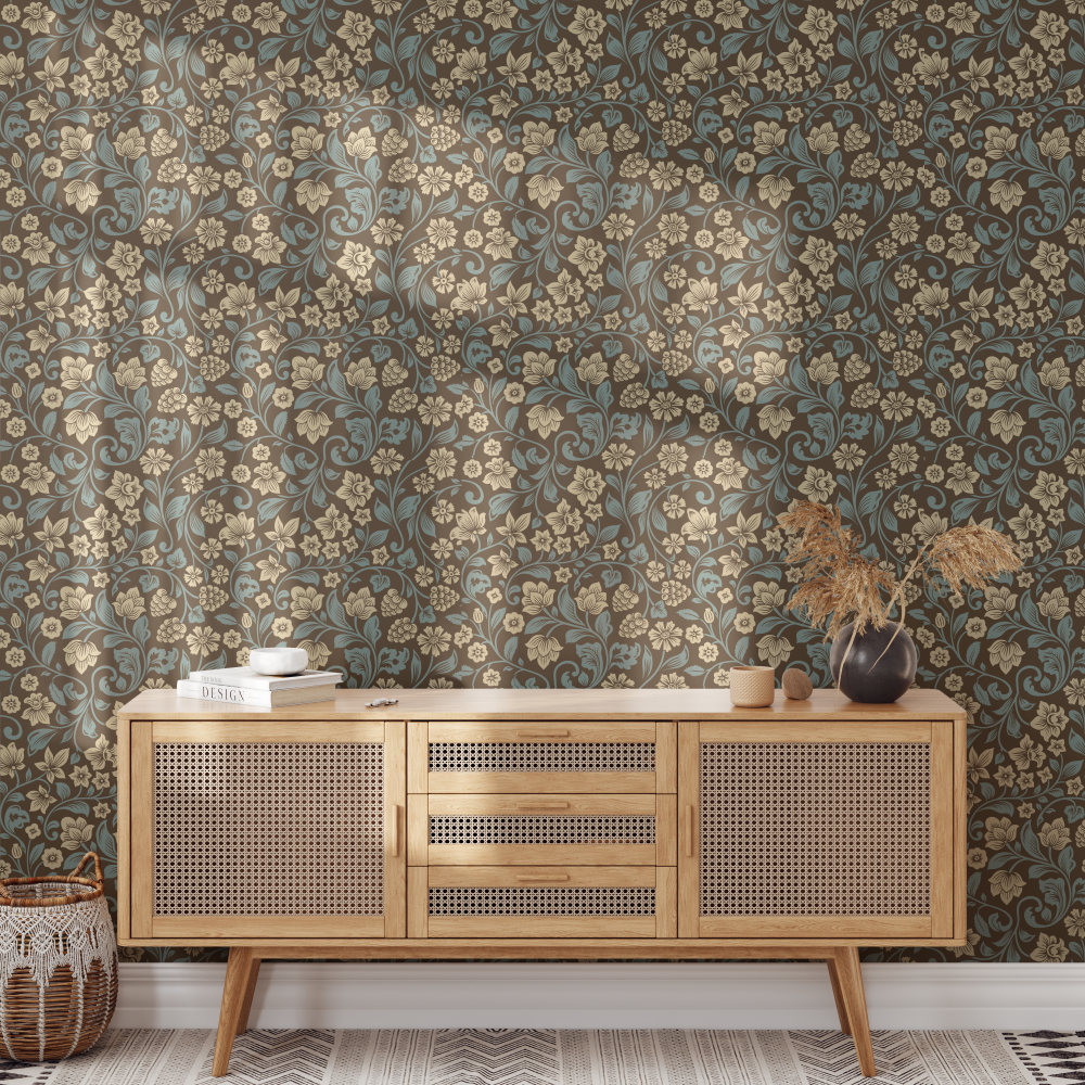 Tapiz mural pared floral denso tonos tierra y azul. Disponible en vinil adhesivo y papel pintado preempastado. Decoración clásica y rica para tu hogar.