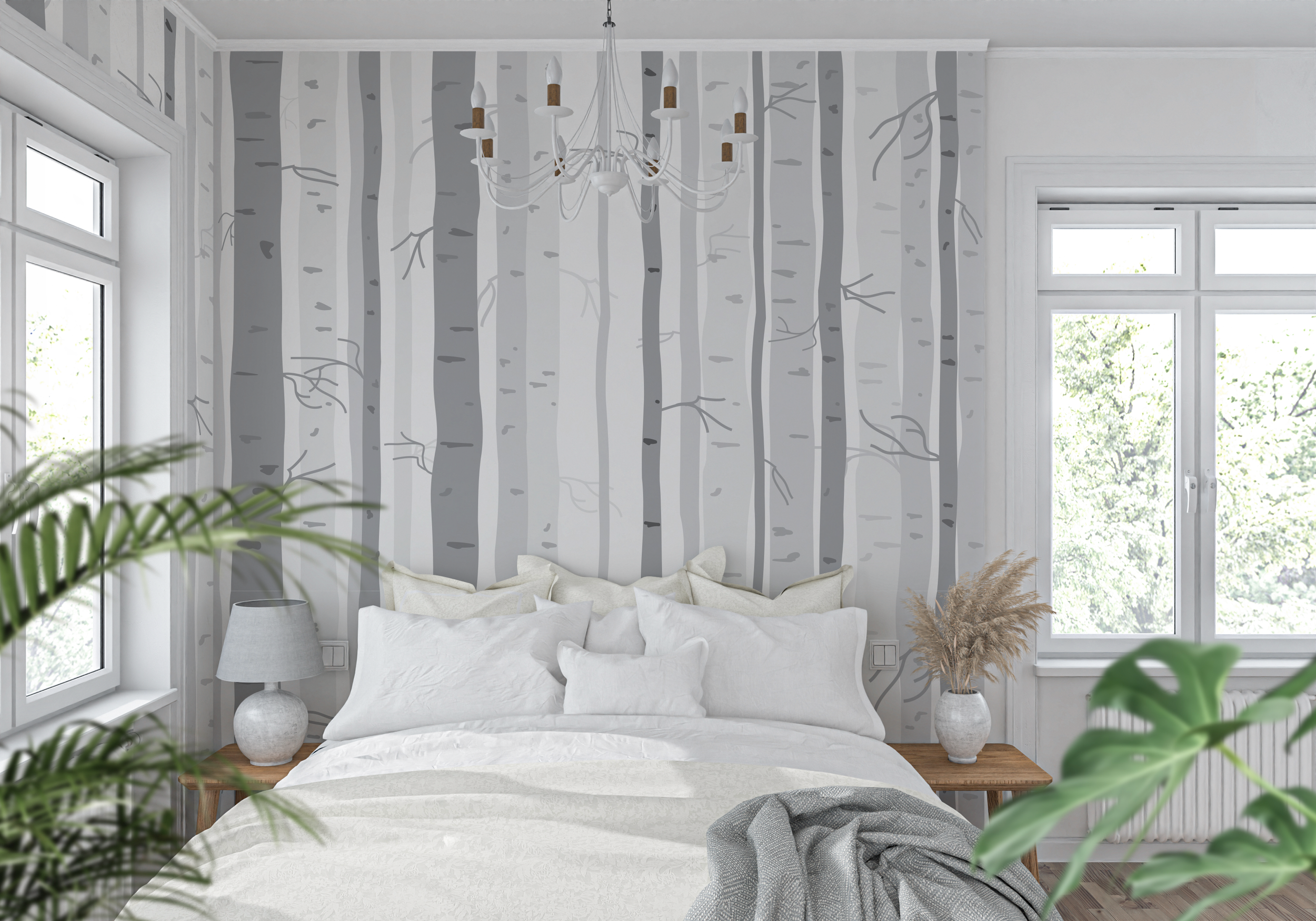 Mural pared bosque abedules escandinavo tonos neutros. Elige entre vinil autoadhesivo fácil de colocar y papel pintado preencolado de alta calidad. Un toque sereno y natural para tus paredes.