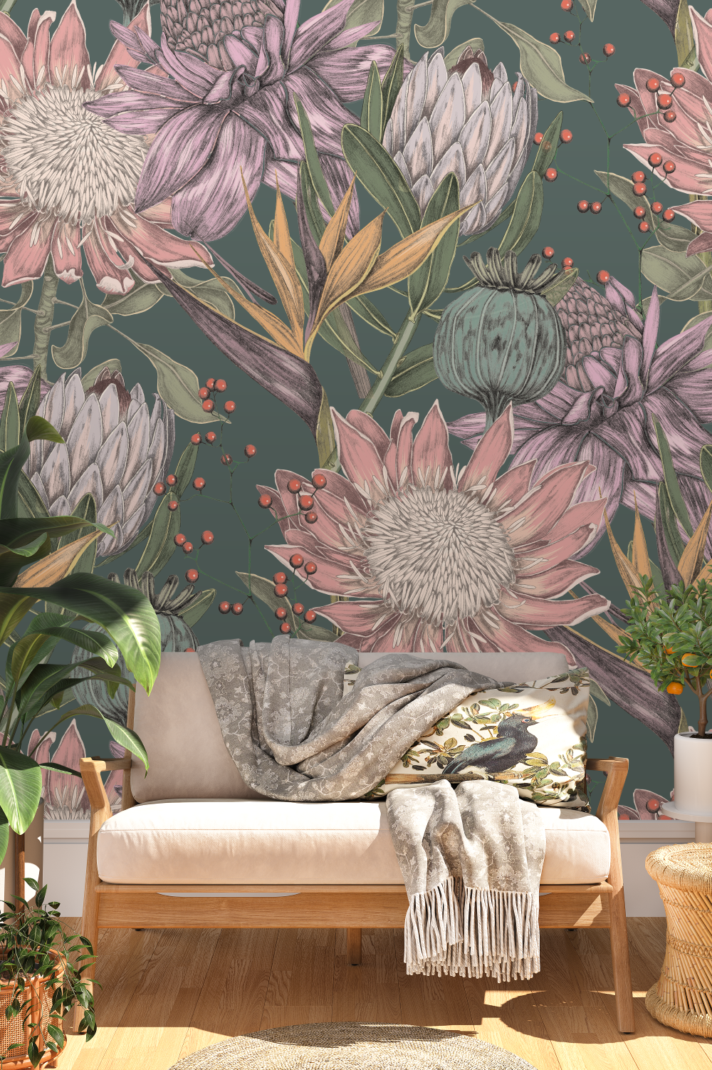 Mural pared flores exóticas estilo vintage. Disponible en vinil autoadhesivo fácil de colocar y papel pintado preencolado de alta calidad. Transforma tu espacio con un toque tropical y elegante.