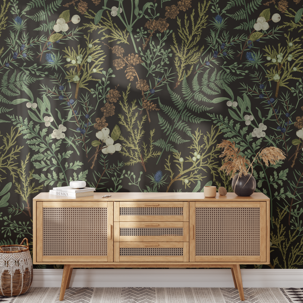 Vinil adhesivo y papel pintado preempastado con mural de bosque nocturno mágico. Decora tus paredes con un estilo natural y lleno de encanto oscuro. Fácil instalación y alta calidad.