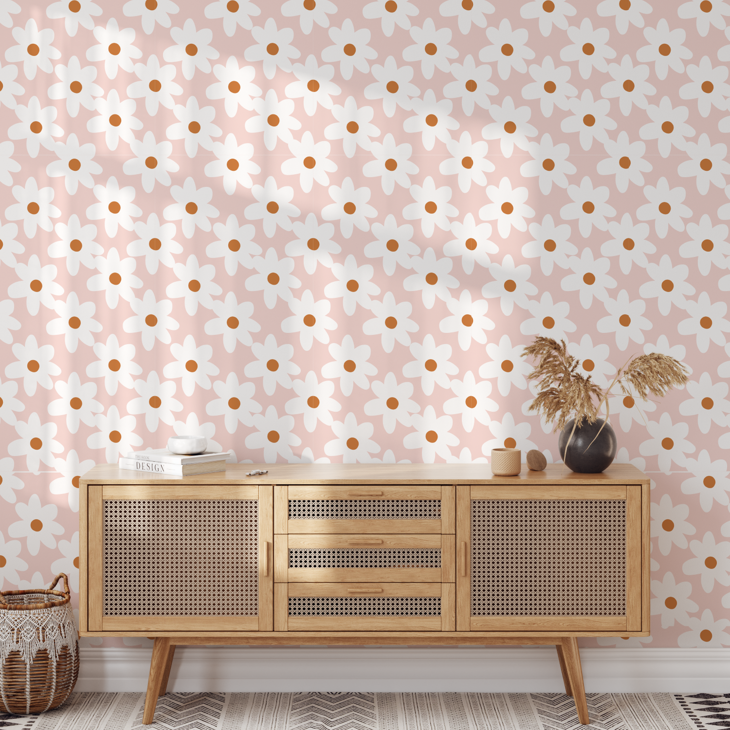 Tapiz mural pared margaritas retro rosa y naranja. Disponible en vinil adhesivo y papel pintado preempastado. Decoración alegre y primaveral para tu hogar.