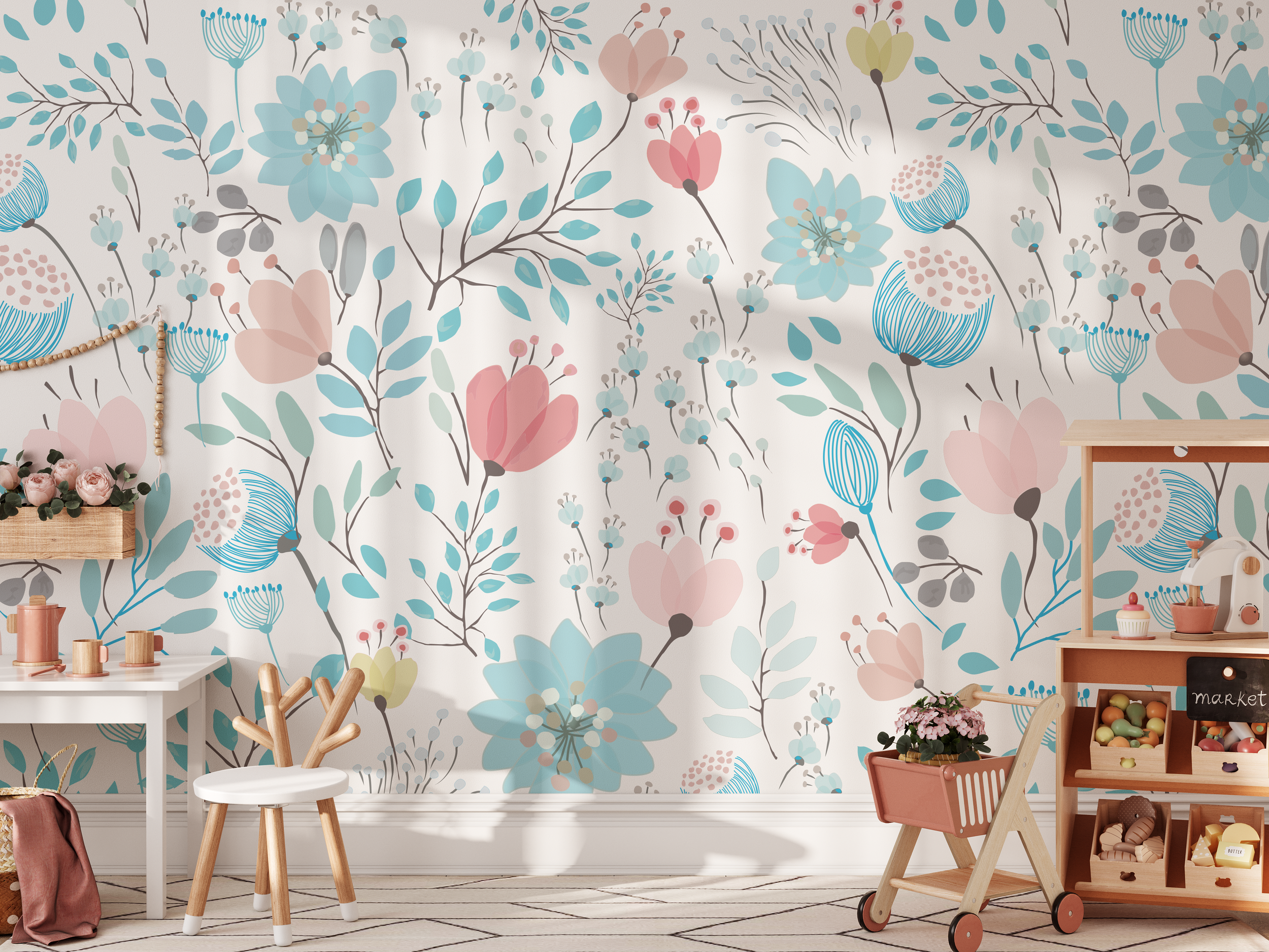 Vinil adhesivo y papel tapiz preempastado con mural de flores grandes y pequeñas para niños. Decora sus paredes con un estilo vibrante y lleno de color. Fácil instalación y alta calidad.