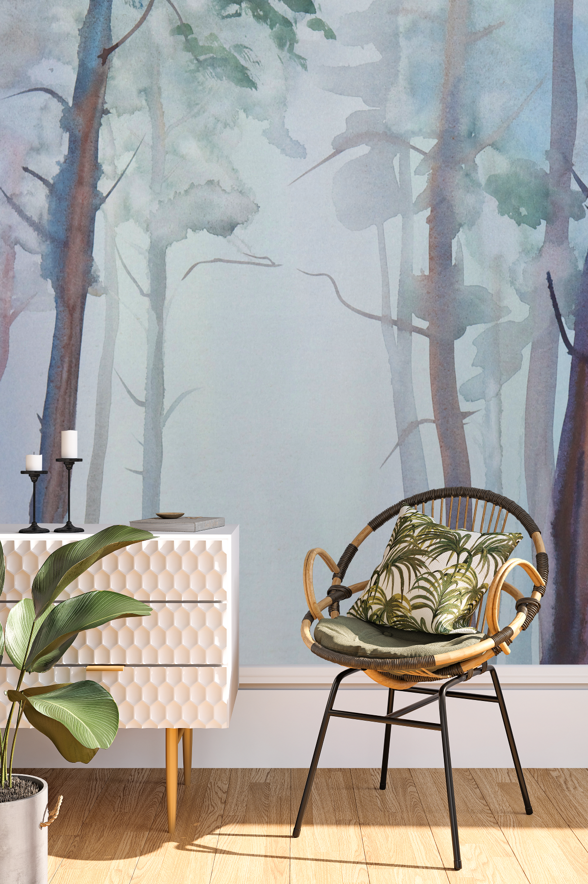 Tapiz mural pared bosque brumoso tonos suaves. Disponible en vinil adhesivo y papel tapiz preempastado. Decoración natural serena y misteriosa para tu hogar.