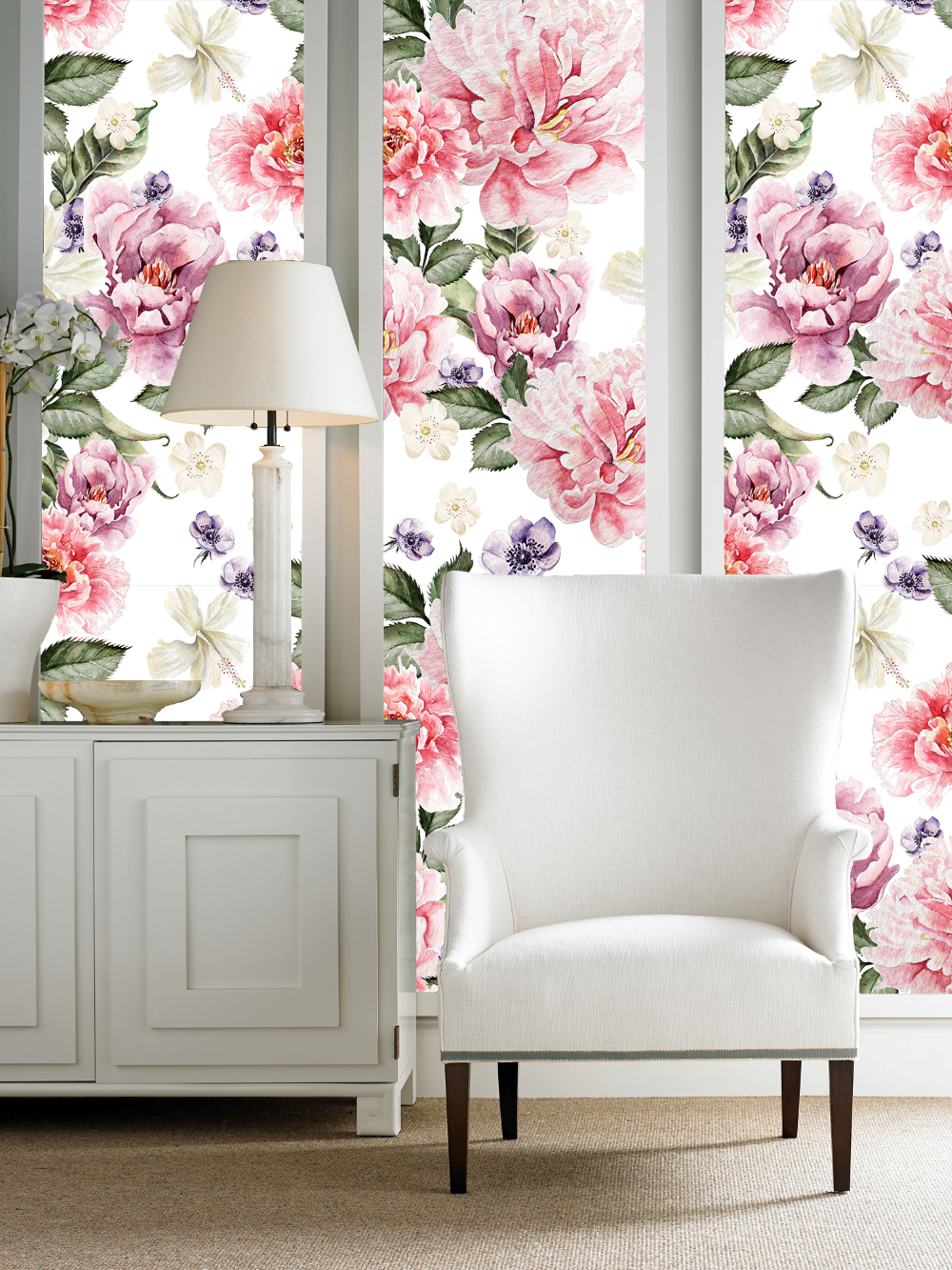 Vinil adhesivo y papel pintado preempastado con mural de peonías y flores acuareladas. Decora tus paredes con un estilo artístico y lleno de vida. Fácil instalación y alta calidad.