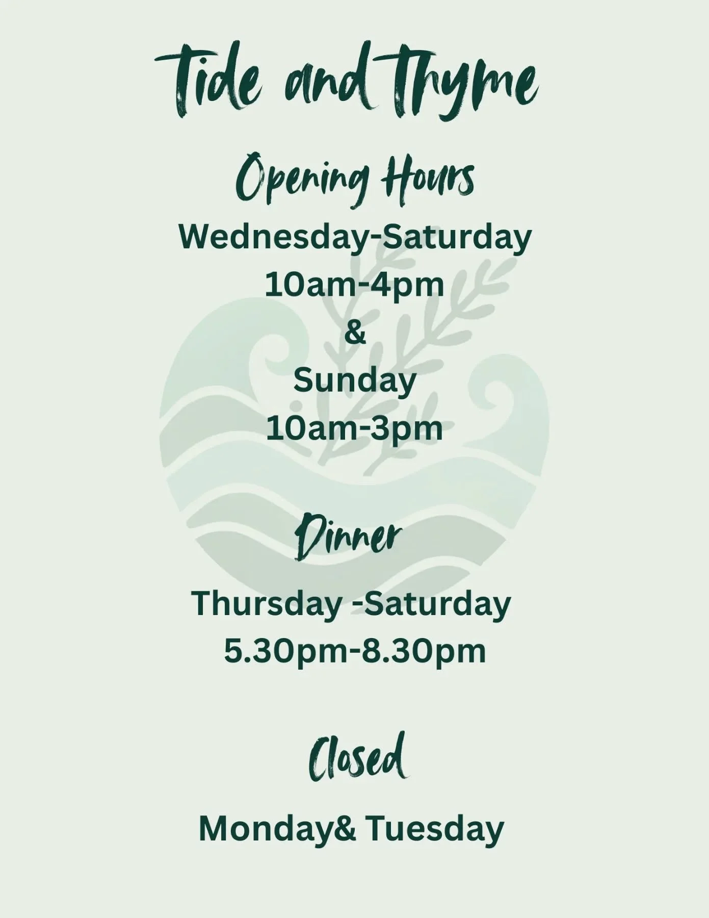 Our new opening times for the Autumn/Winter season!