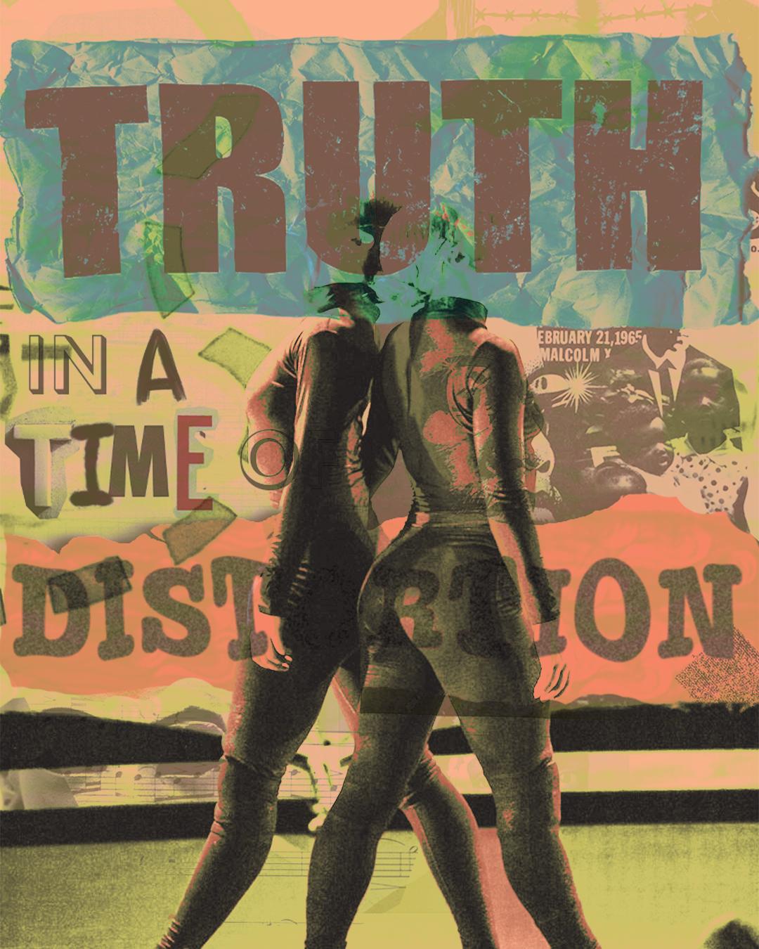 Two women with their backs facing the camera, standing in front of a colorful mural that includes the word 'TRUTH' and other text, cityscape, and artistic elements, with one woman having short hair and the other with longer hair.
