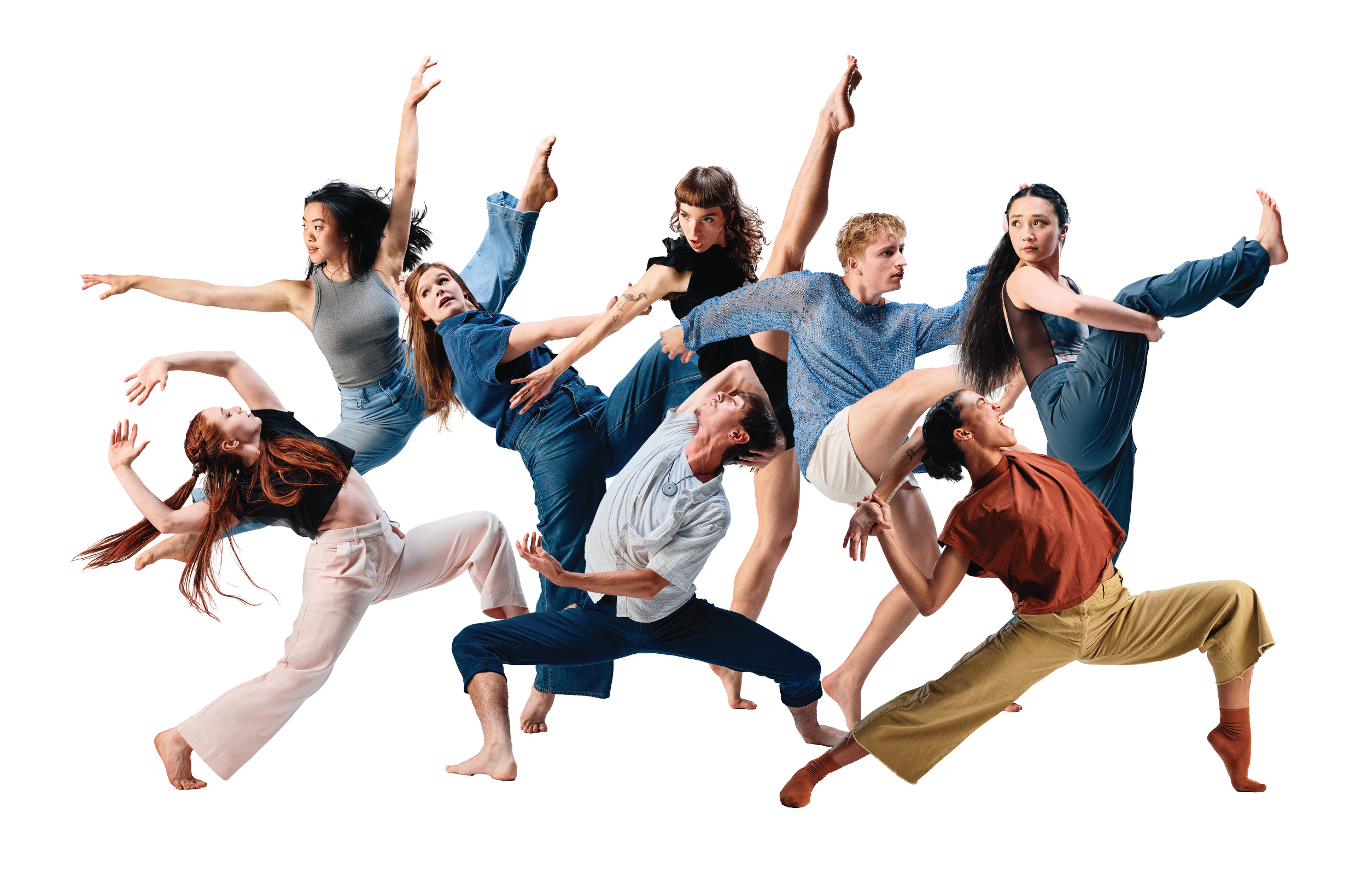 A diverse group of nine people performing a synchronized dance or yoga pose on a white background.