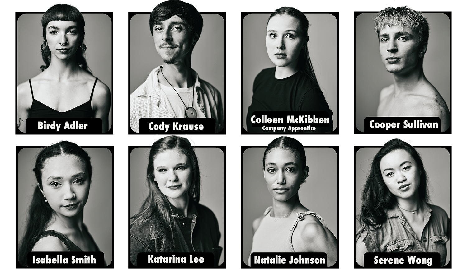 collage of eight black-and-white portraits of diverse young adults, each with their name displayed below.