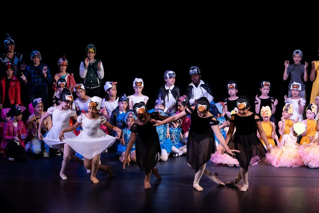 Children dressed in colorful costumes performing a ballet on stage, with a group wearing penguin masks and others in various animal costumes.