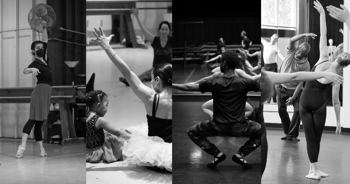 Collage of four images showing people practicing dance and ballet, some wearing masks, in studio settings.