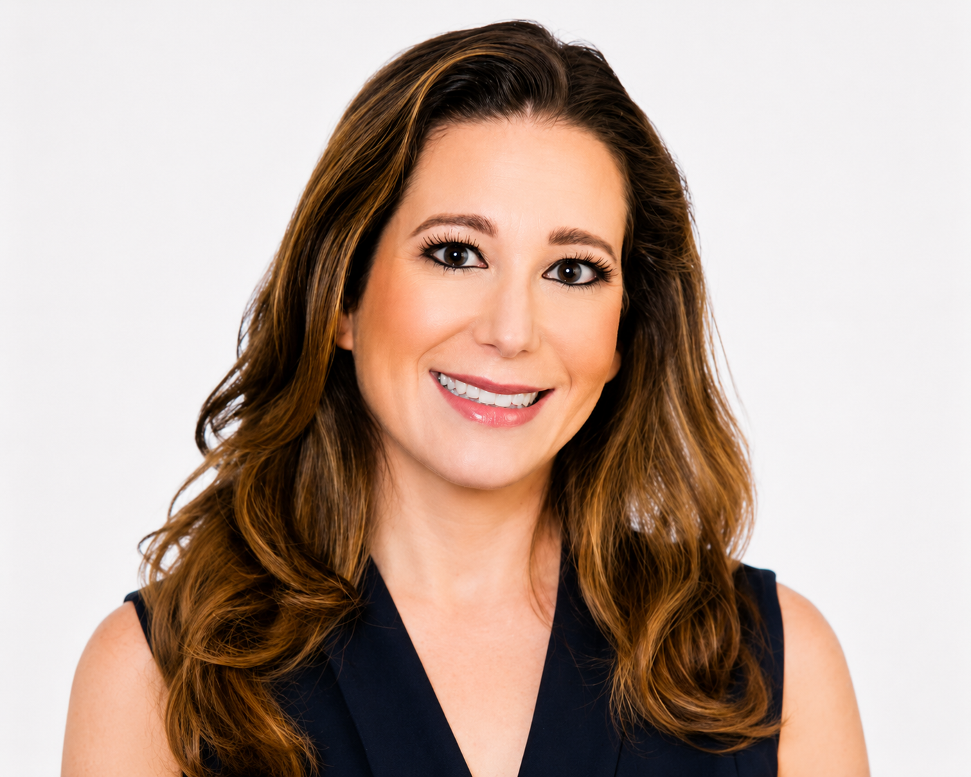 A woman with long brown hair smiling at the camera, wearing a sleeveless black top, against a plain white background.
