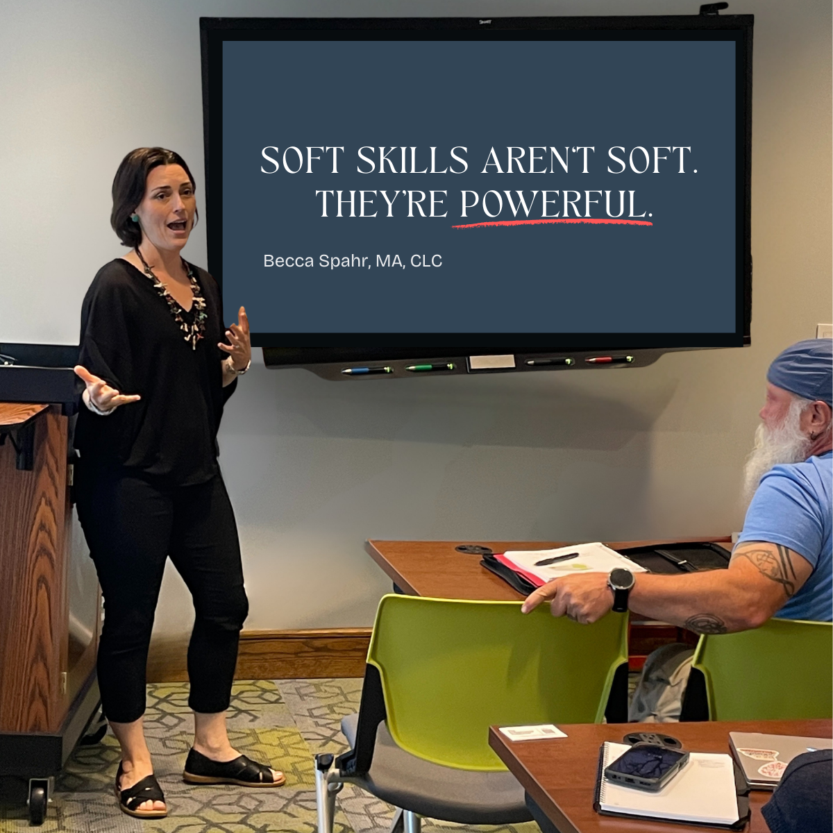 Woman Veteran Speaker Becca Spahr teaches a class to first responder leadership about strong social culture that promotes resilience, retention, and performance.
