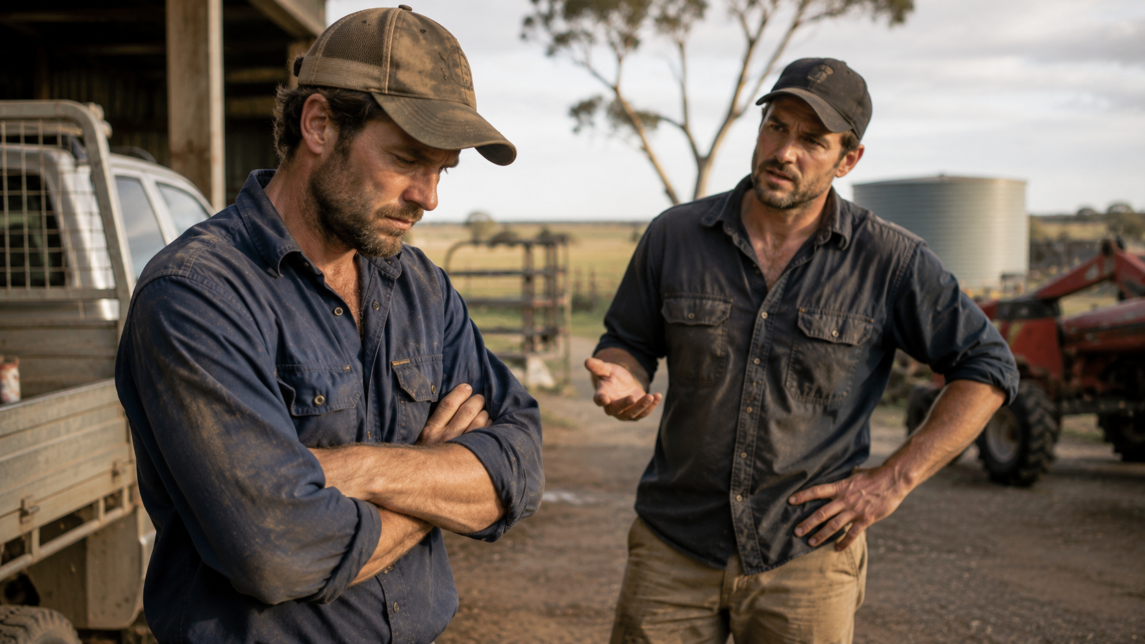 Two Australian farm workers in a tense conversation near machinery in a rural farm setting, highlighting workplace communication and psychosocial risk