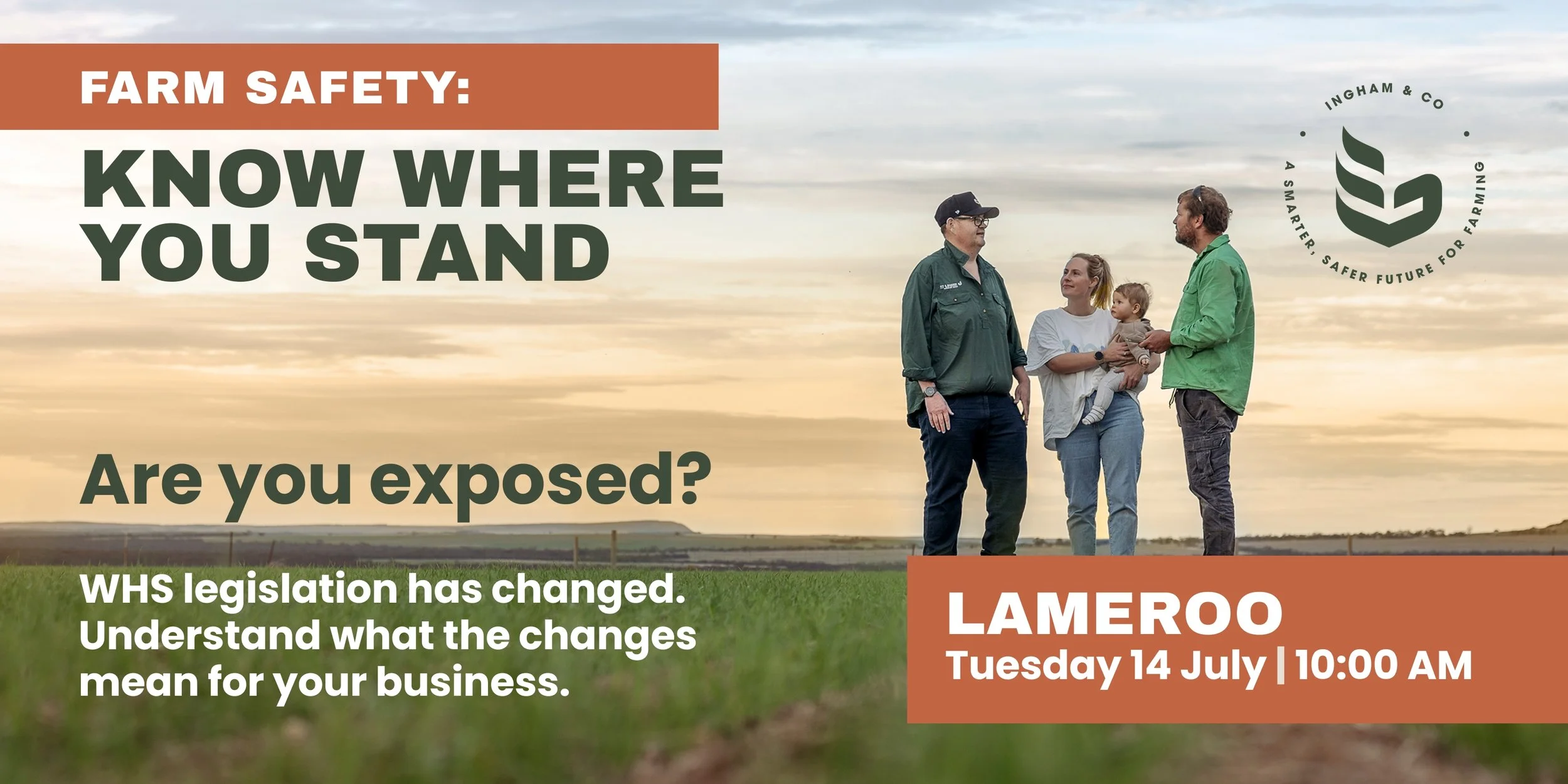 ngham & Co branded event image with agricultural scenery and bold text promoting a practical farm safety session for farm businesses.