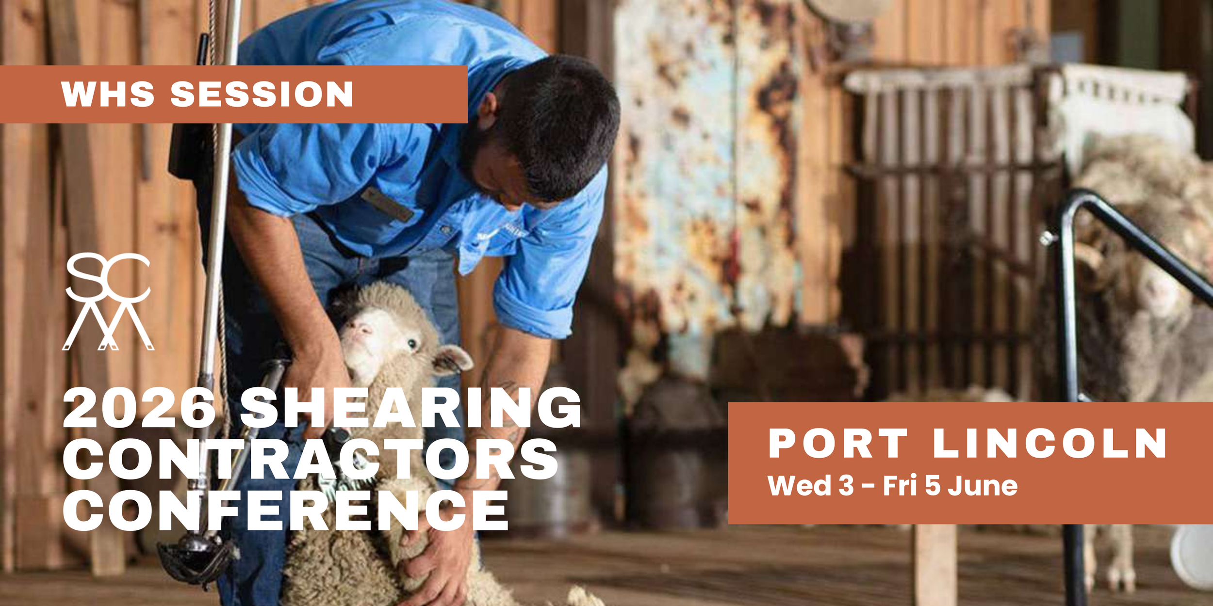 Ingham & Co WHS session graphic for the 2026 Shearing Contractors Conference featuring a shearer handling a sheep and event details for Port Lincoln from Wednesday 3 to Friday 5 June